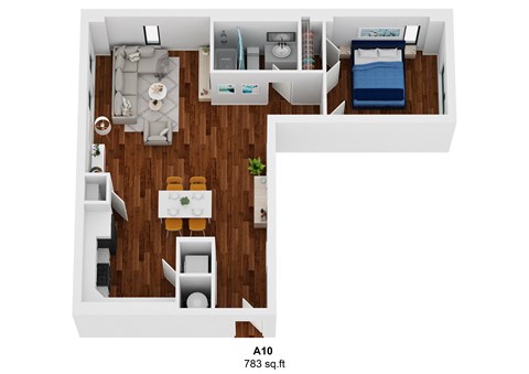 a stylized floor plan with a bedroom and a living room